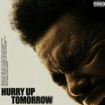 Album cover of Weeknd's Hurry Up Tomorrow. Image shows close up of the artist's face and has the album title in the bottom left corner.