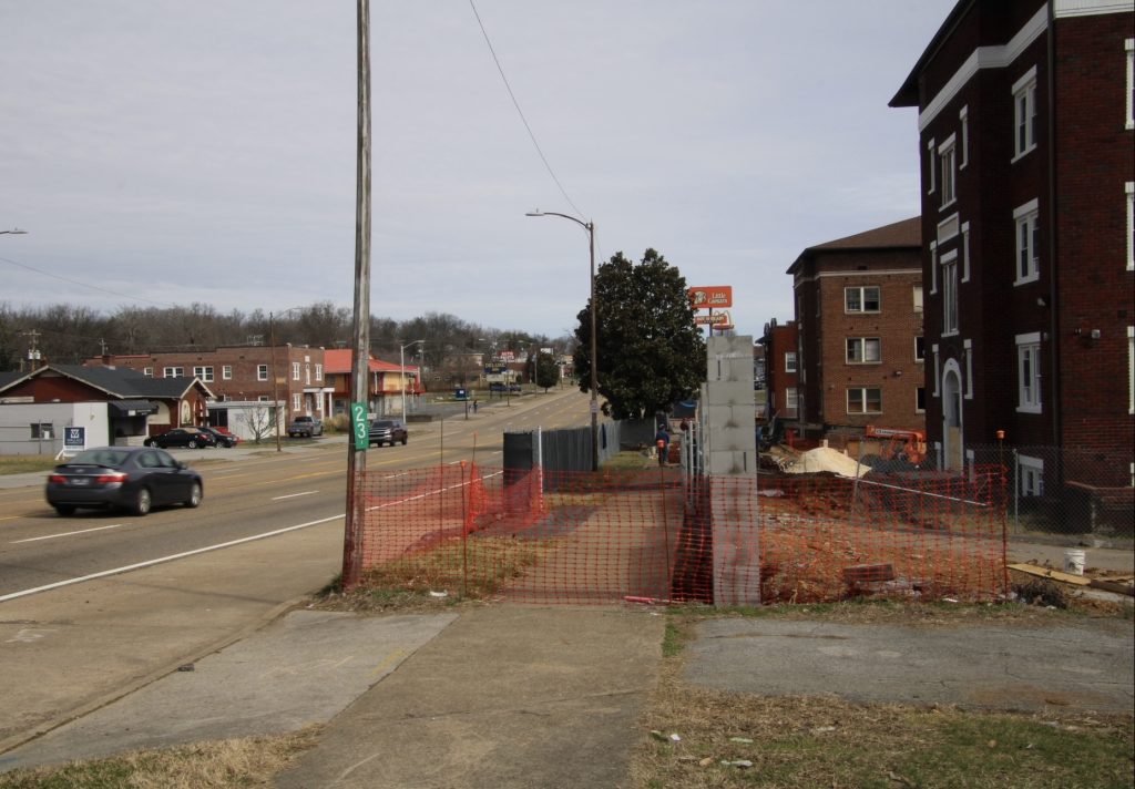 Sidewalk closed on Magnolia Avenue. Picture shows a broken sidewalk with orange fencing blocking foot traffic.